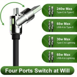 [Fast Charging Cable] 4-in-1 240W Multi Fast USB Charging Cable | Breathing Light, USB A Type C Lightning Cable for iPhone 16 15 14 13 12 11 Pro Max iPad Samsung Galaxy MacBook iPad Tablets & More 6FT, Black
