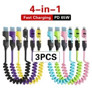 3pcs PD 65W 4-in-1 High-Speed Charging Cable USB Cable Travel Car Charging The Best Choice Spring Telescopic Charging Cable for SamSung Xiaomi for huawei OPPO for iPhone for ipad Series of Products Charging Cable
