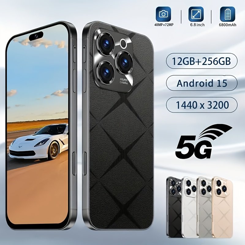 2025 Flagship Smartphone - Android 15, 6.8&quote; 4K+ HD Display, Dual SIM Unlock, 6800mAh Long-Lasting Battery, 48MP+72MP Dual Camera, 12GB RAM/256GB ROM, Facial Recognition, Light Luxury Beige/, Global Compatibility - for Gaming, Streaming, Heavy Use, Multita