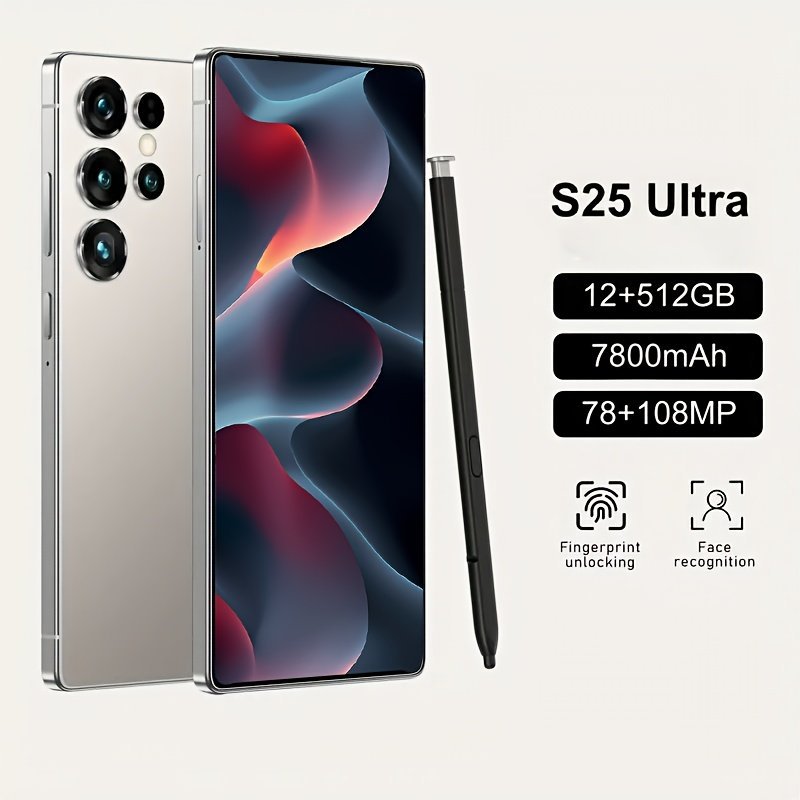 S25 Android 14 Unlocks MAX Smartphone, 16+50MP Camera, 6.75-Inch Large Screen, 12GB+512GB Storage, Built-In Stylus, 6800mAh Battery, Free Phone Case+Protective Film+Card Extractor+Wired Headphones