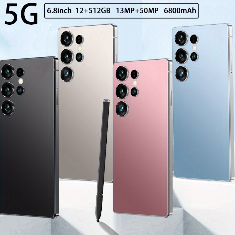 [New 5G Smartphone] 2025 New 5G Android Smartphone 12GB+512GB | 6.8-Inch HD Display, 13MP+50MP HD Camera, 6800 Mah, Dual-Stop, 1440*3120 Resolution, Built-In Pen, Facial Recognition Unlock, WIFI, GPS, Type-C Charging Cable, Metal Body, with Protective Cov