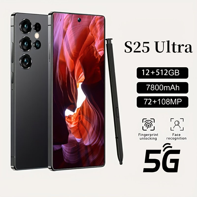 S25 Android 14 Unlocked Smartphone 5G Dual SIM Dual Standby 12GB+512GB Extra Large Storage with Expandable Memory, 7.3-inch HD Display 6800mAh Ultra Long Life Built-in Pen with Headphones, Case, Screen Protector Ideal Gift, Work From Home, Smartphone for