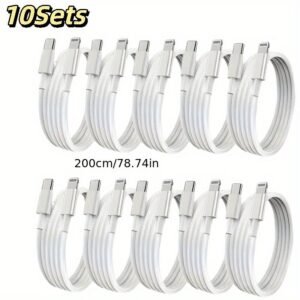 10pcs Type-C to Lightning 78.74inch Fast Charging Cable, PVC Round Cable with Data Transmission, Male to Female, Suitable for iPhone 14 13 12 11 Pro Max XR X 8 7 6 SE Mini Fast Charging Sync Cable, ABS Round, White