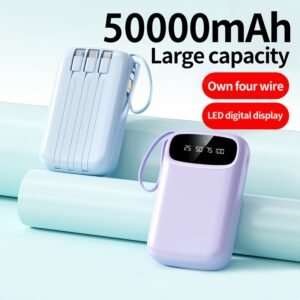 50000mAh Portable Large Capacity Mobile Power Bank with Four Data Cables/Lanyard/LED Battery Display, Suitable for iPhone/Android etc. Mobile Phones and Digital Electronics Products Quick Charging, Outdoor Movable Emergency Power Supply, Gift