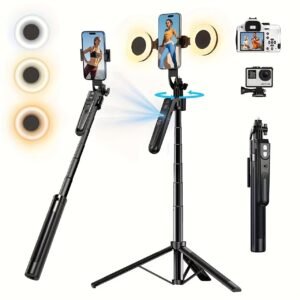 Auto Face Tracking Tripod 360° Rotation With Phone Holder, 70.9&quote; Phone Tripod & Selfie Stick For Cell Phone 4&quote;-7&quote;, Motion Sensor Phone Tripod For Vlog/Live Stream/Video Recording, With Mini Ring Light Floor Lamp