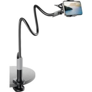SAIJI Flexible Gooseneck Phone Holder - Adjustable Long Arm Clamp Mount for Desk, Bed, or Wall - Compatible with for iphone, for iPad, for Galaxy, and More - Black, No Battery Needed, Bed Mount Holder | Sleek Black Design | Flexible Arm Mount, Phone Holde