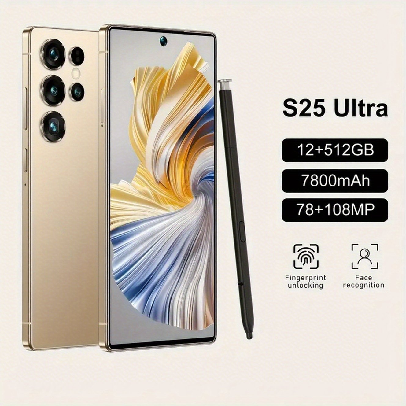 S25 Android 14 Unlocks MAX Smartphone, 16+50MP Camera, 6, 75-Inch Large Screen, 12GB+512GB Storage, Built-In Stylus, 6800mAh Battery, Free Phone Case+Protective Film+Card Extractor+Wired Headphones, Tablet, Pad