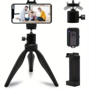 Small Tripod for iPhone Lightweight Desktop Mini Tripod for Phone Compatible with Cellphone Camera DSLR with Universal Phone Mount Holder and Wireless Remote Black