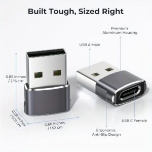 BaseSailor USB to USB C Adapter 2 Pack, Type-C Female to USB A Male Charger Converter for Apple iWatch Series 7/8/SE, iPhone 12/13/14/15 Plus Max, iPad Air 4/5 Mini/6, Samsung Galaxy S24/S23/S22, 16, Charging Solution, Compact Adapter, Sturdy Construction